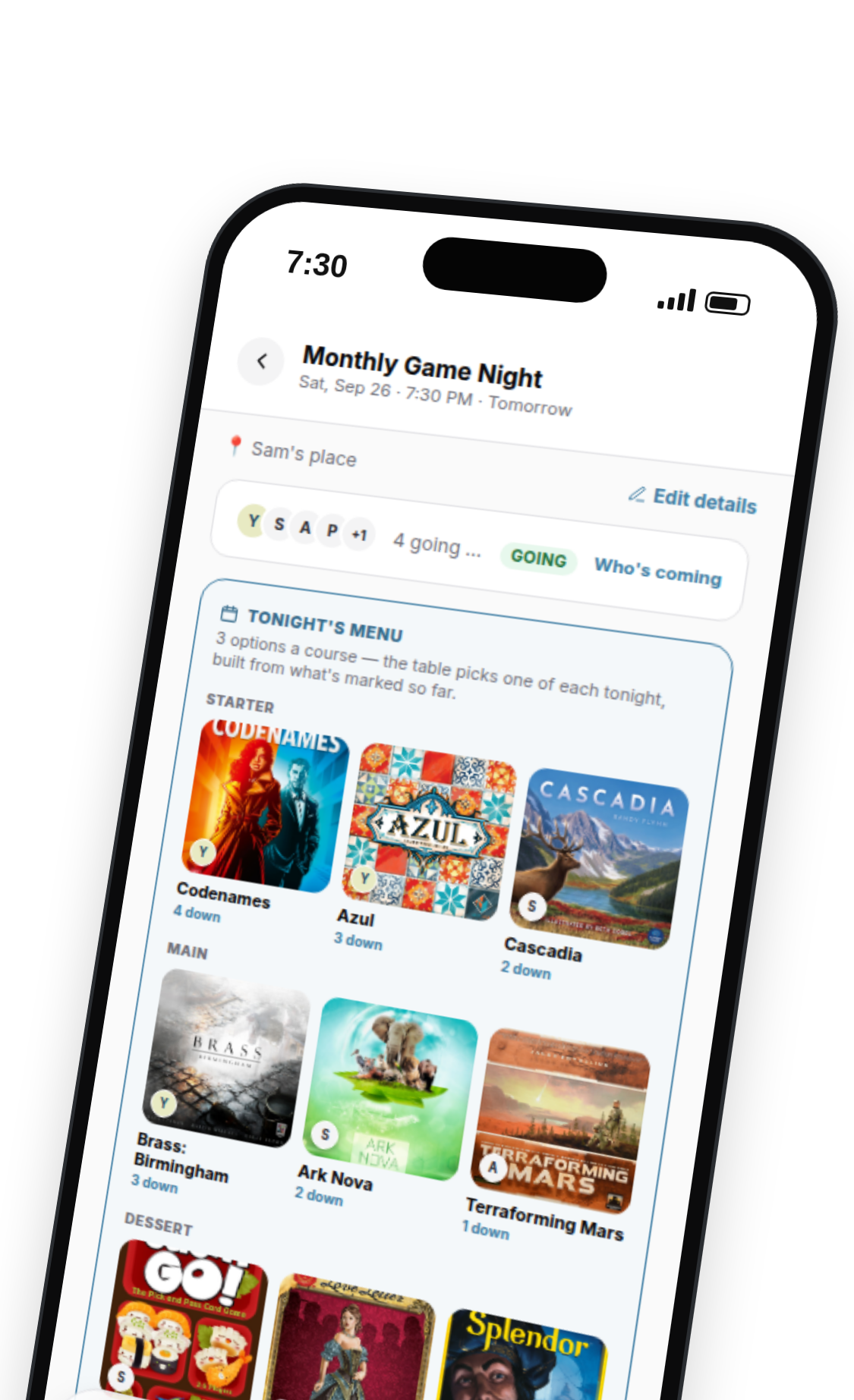 A game night plan showing who's coming and tonight's menu of starter, main and dessert games