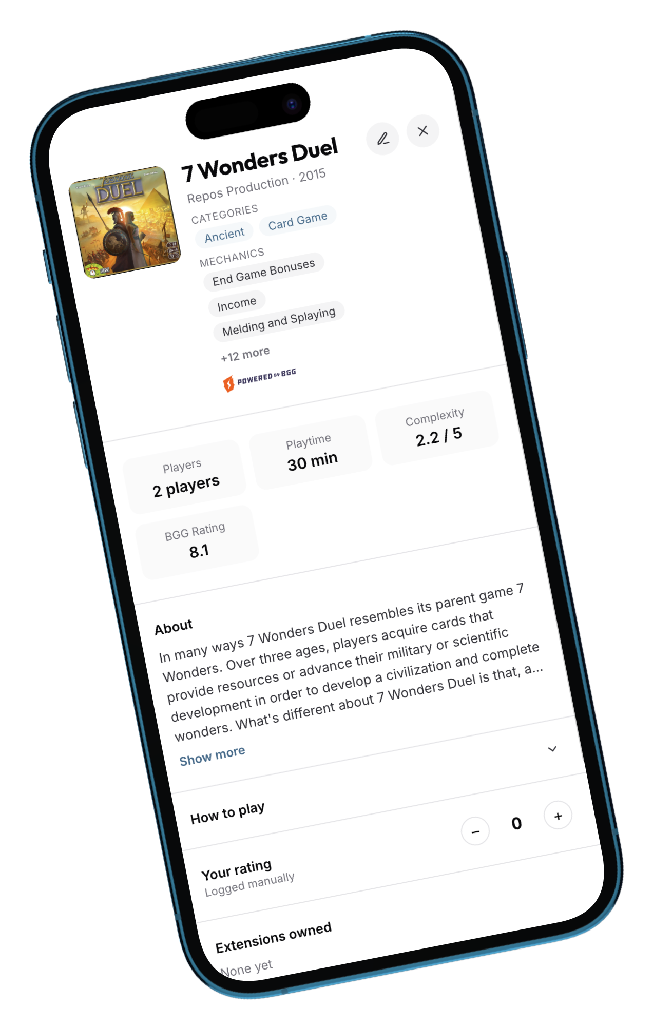 A game's detail card showing player count, playtime, complexity weight, and BGG rating